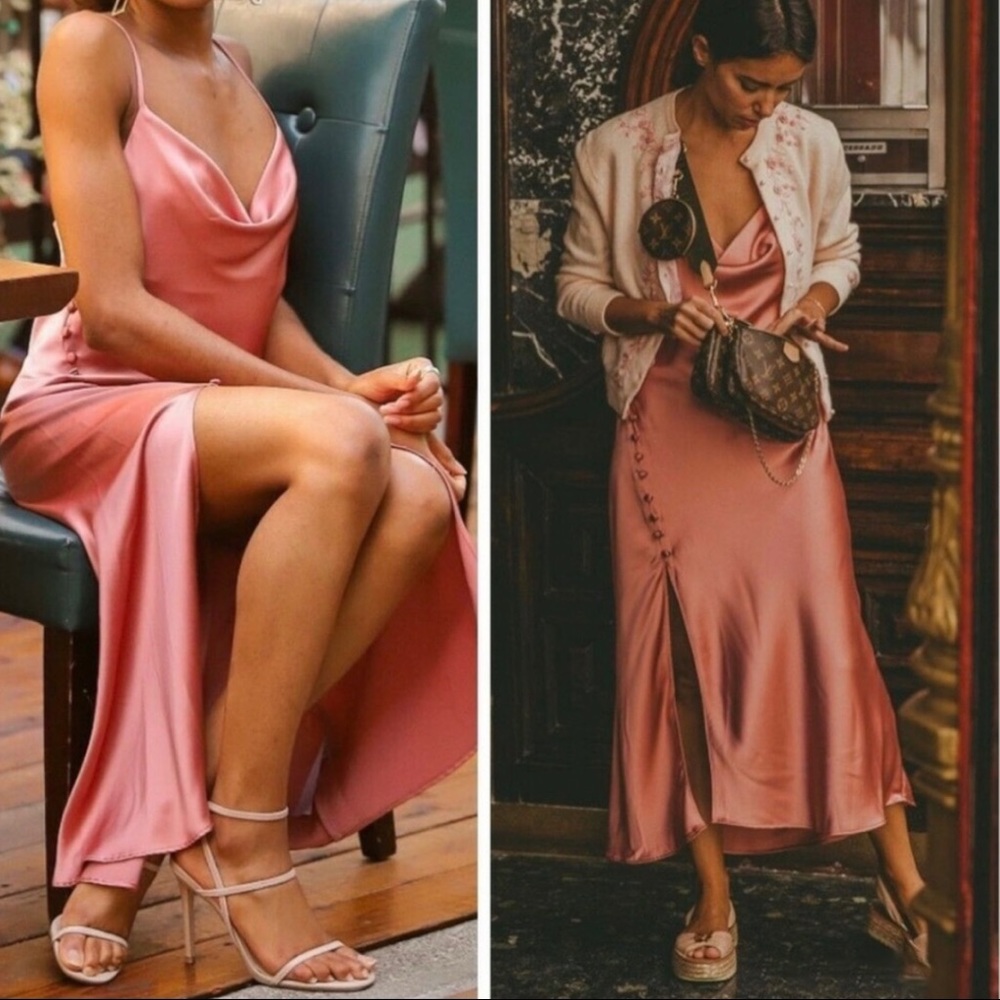 Zara Satin Draped Cowl Neck Side Button Slit Lingerie Cami Midi Dress Mauve Pink